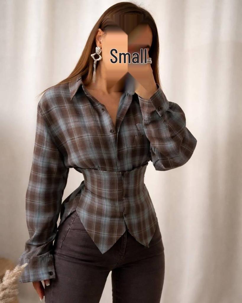 2026 Spring Plaid Lace-up Long-sleeve Shirt with Irregular Hem and Cinched Waist