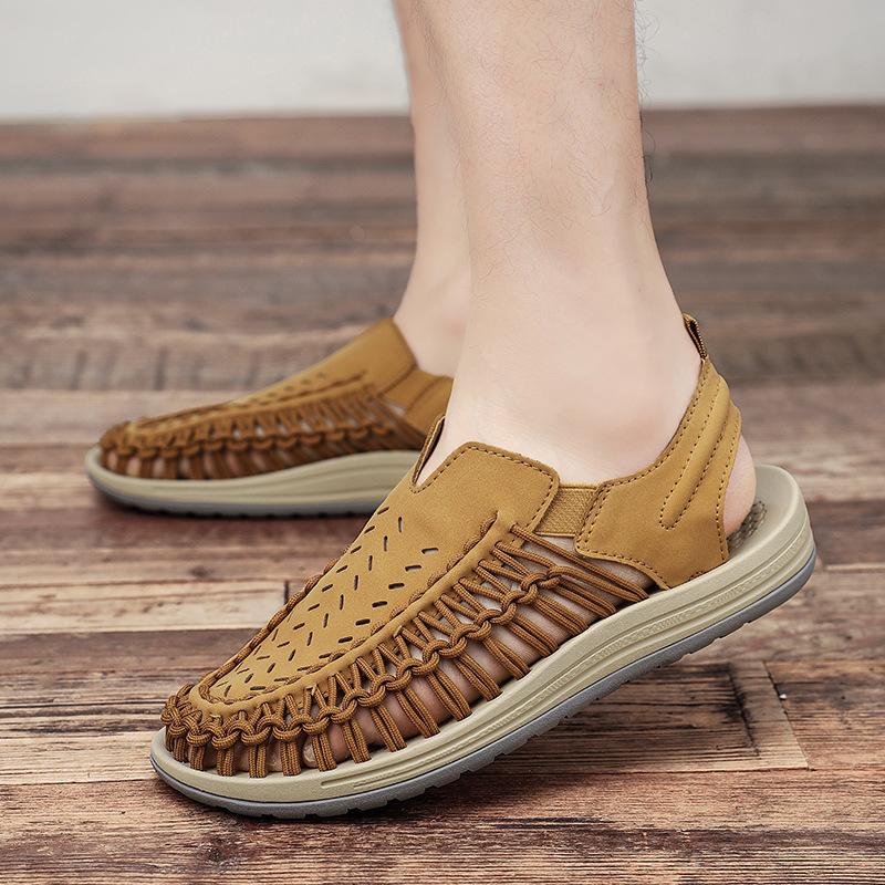 Sandals men's 2026 hollow breathable beach shoes men's woven personalized soft sole one-pedal men's shoes