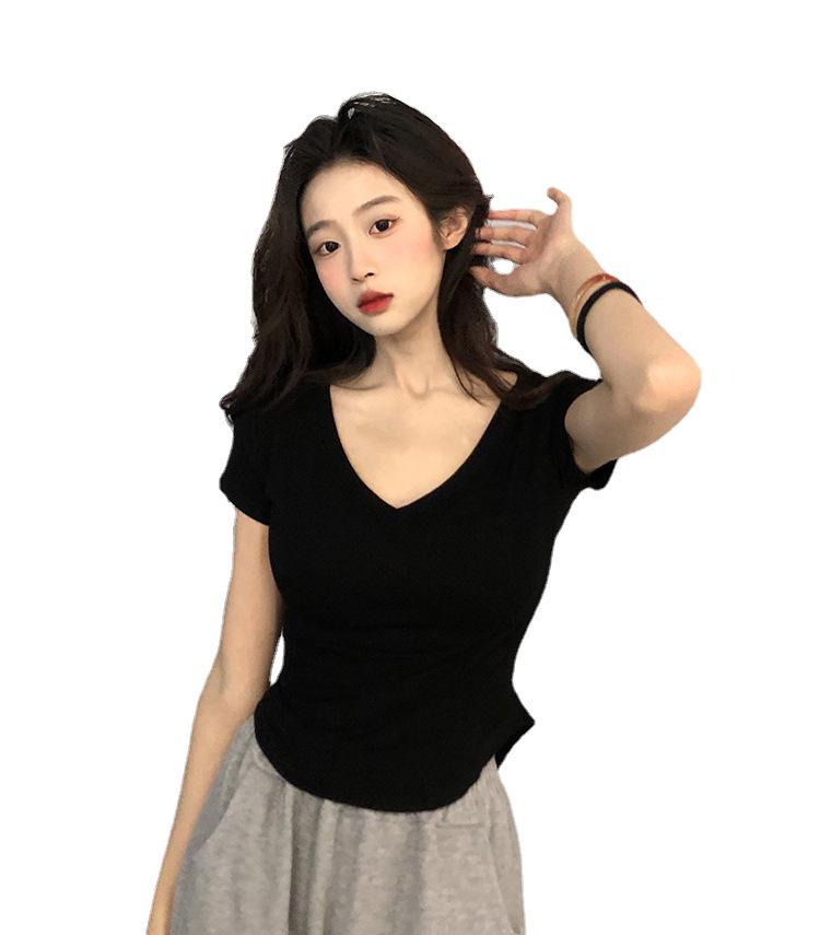 2024 Summer V-Neck Short-Sleeve Slim Fit Irregular Hem Top for Women