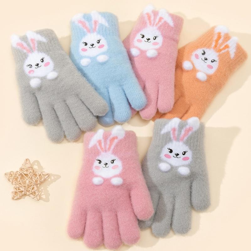 Kids Five Finger Rabbit Gloves Winter Warm Knitted Cute Cartoon Baby Girl Gloves For Cold Weather