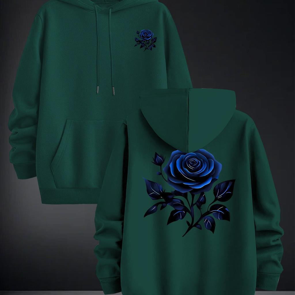 2026 Blue Rose Double Sided Print Hoodie Unisex Long Sleeve Pullover Casual Floral Streetwear Autumn Winter Hooded Sweatshirt
