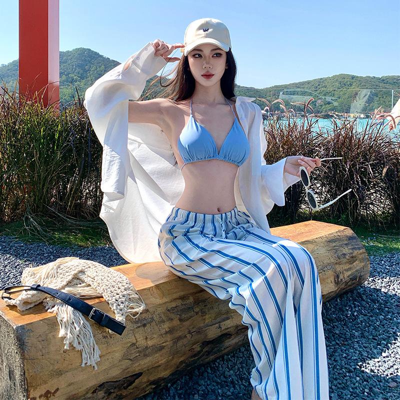 Casual vacation style blue bikini three-piece women's summer seaside vacation sunscreen blouse striped wide-leg trousers