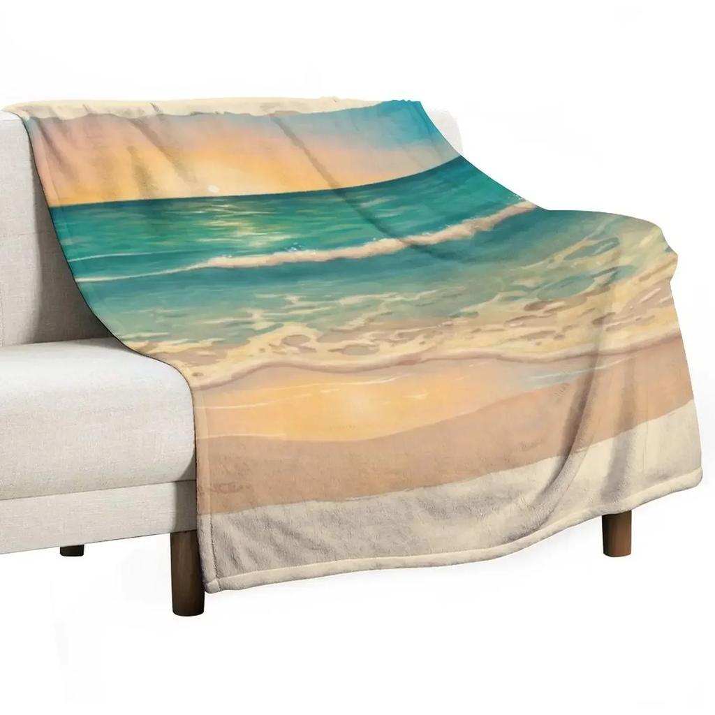 Golden Seafoam On the Beach Painting Throw Blanket Color Fast Cozy Throw Blanket