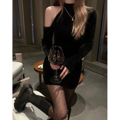 Off-the-shoulder Knitted Sweater Dress Women's Spring Short Skirt Black Tight Bag Hip Long Sleeve Skirt