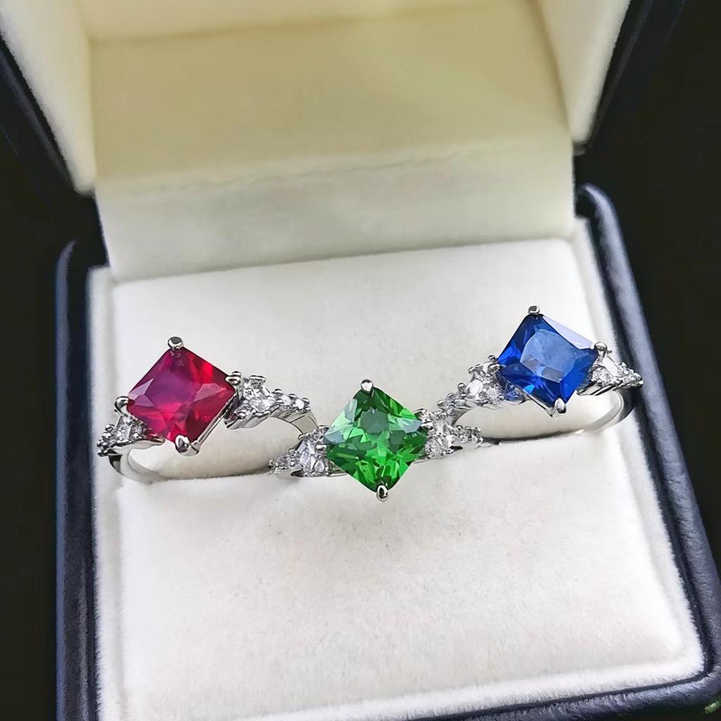 Jewelry Imitation Natural Ruby Emerald Square Ring Women'S Light Luxury Fashion Creative Color Treasure Ring