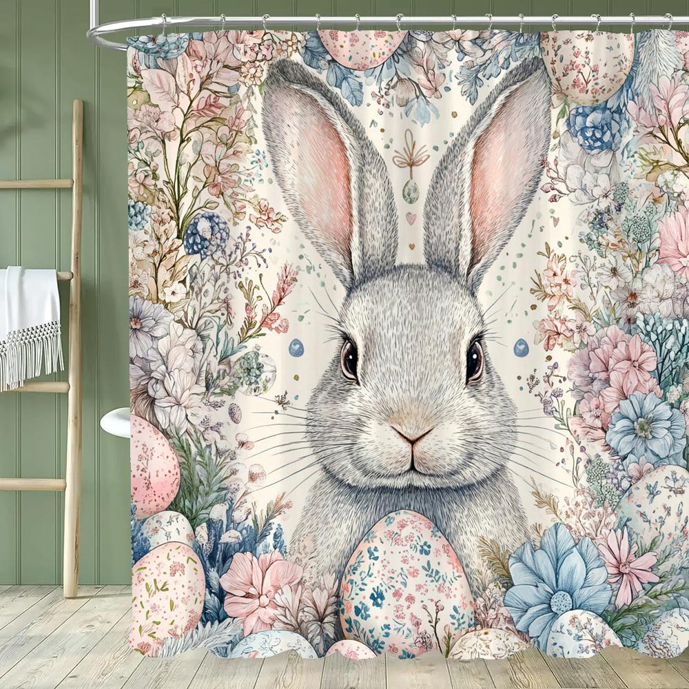 Paaseieren Douchegordijn, Schattig Konijn Bedrukt Badkamer Decoratief Douchegordijn, Stof Huis Gordijn met Haken