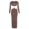 Summer European and American Style Women's Clothing New Fashionable and Sexy Round Neck Hollow Backless Slim Long-sleeved Dress Women