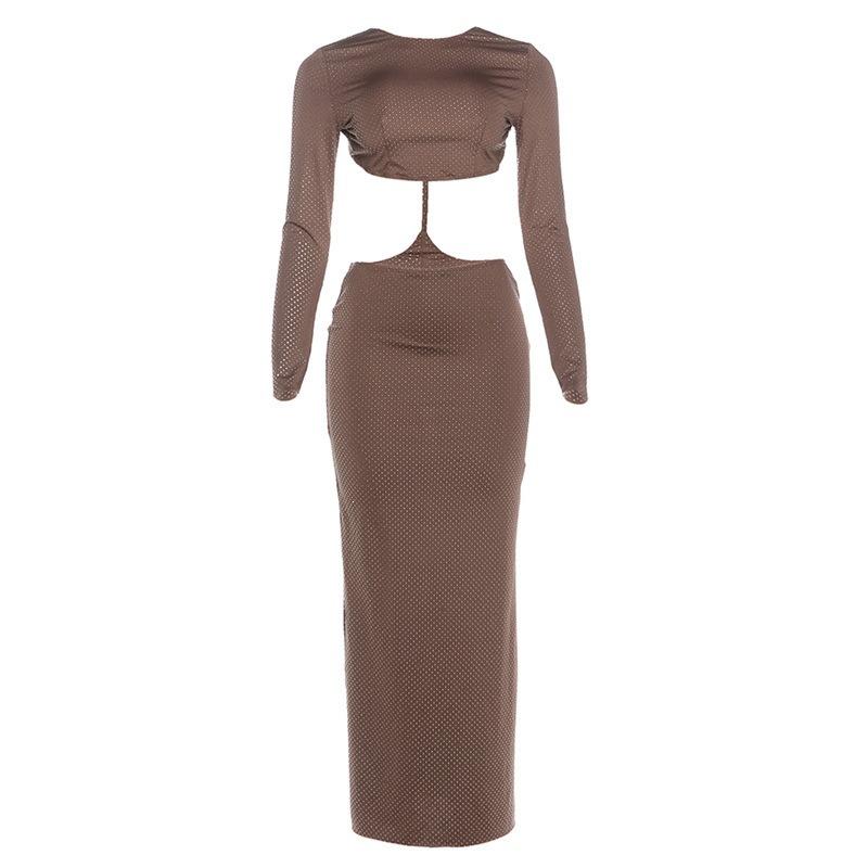 Summer European and American Style Women's Clothing New Fashionable and Sexy Round Neck Hollow Backless Slim Long-sleeved Dress Women