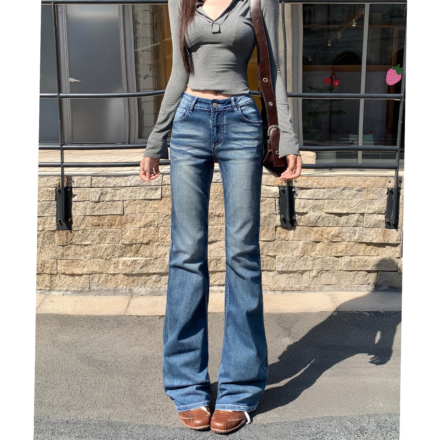 Women’s Distressed Elastic Low Waist Straight-Leg Jeans - American Retro Style, Autumn 2025 3XL (144-161 lbs)