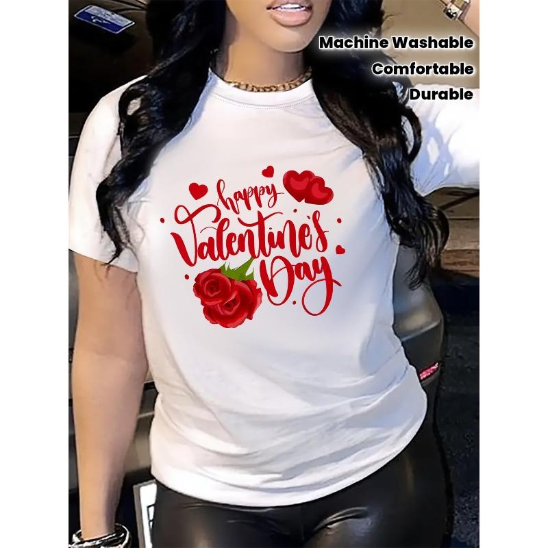 Womens Red Rose Heart Print T Shirt Black Round Neck Short Sleeve Valentine's Day Romantic Casual Top All Season Comfortable Machine