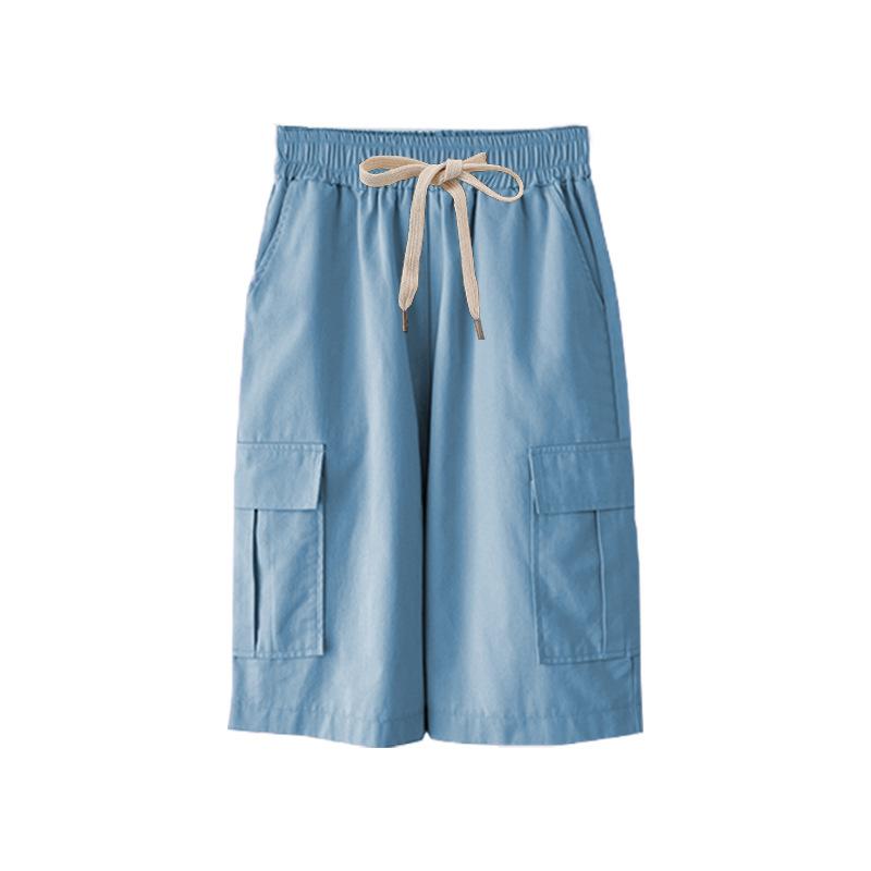 

Tooxika Women s Summer Thin Section Of High-waisted Wide-legged Casual Trousers Straight Large Size Elastic Waist Work Trousers Five-minute Trousers 3XL сине серый