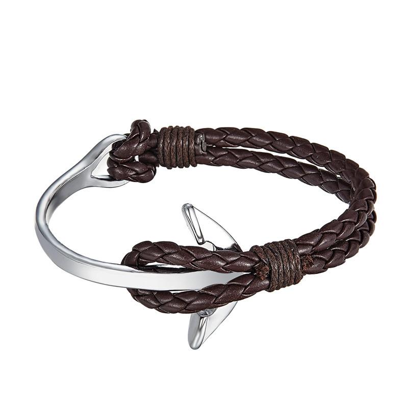Silver-Plated Crooked Anchor Leather Bracelet, Men'S And Women'S Jewelry