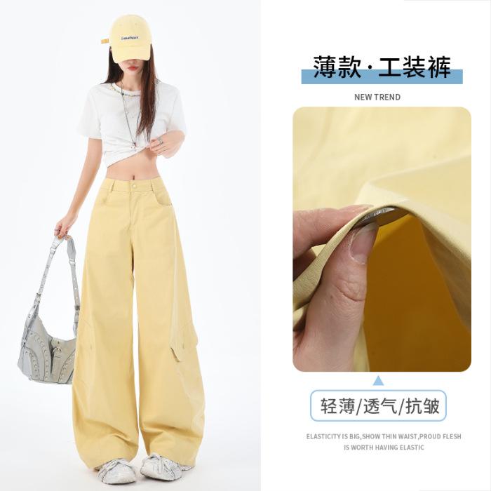 Women's High Waist Wide Leg Cargo Pants Loose Fit Multi Pocket Retro Casual Trousers Thin Breathable Wrinkle Resistant Work Pants