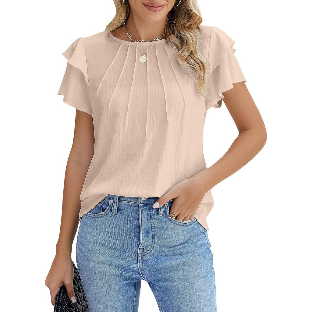Damenmode Locker geschnitten Rundhals Falten Pullover T-Shirt Kurzarm Top