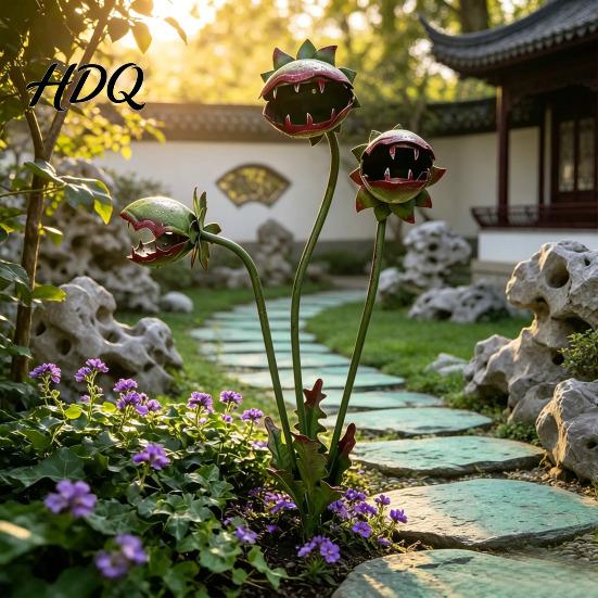 Large Garden Pillar Metal Carnivorous Plant Stake 25-Inch Venus Flytrap Decoration Flower Sculpture for Outdoor Patio Lawn Yard Decor Handmade Art