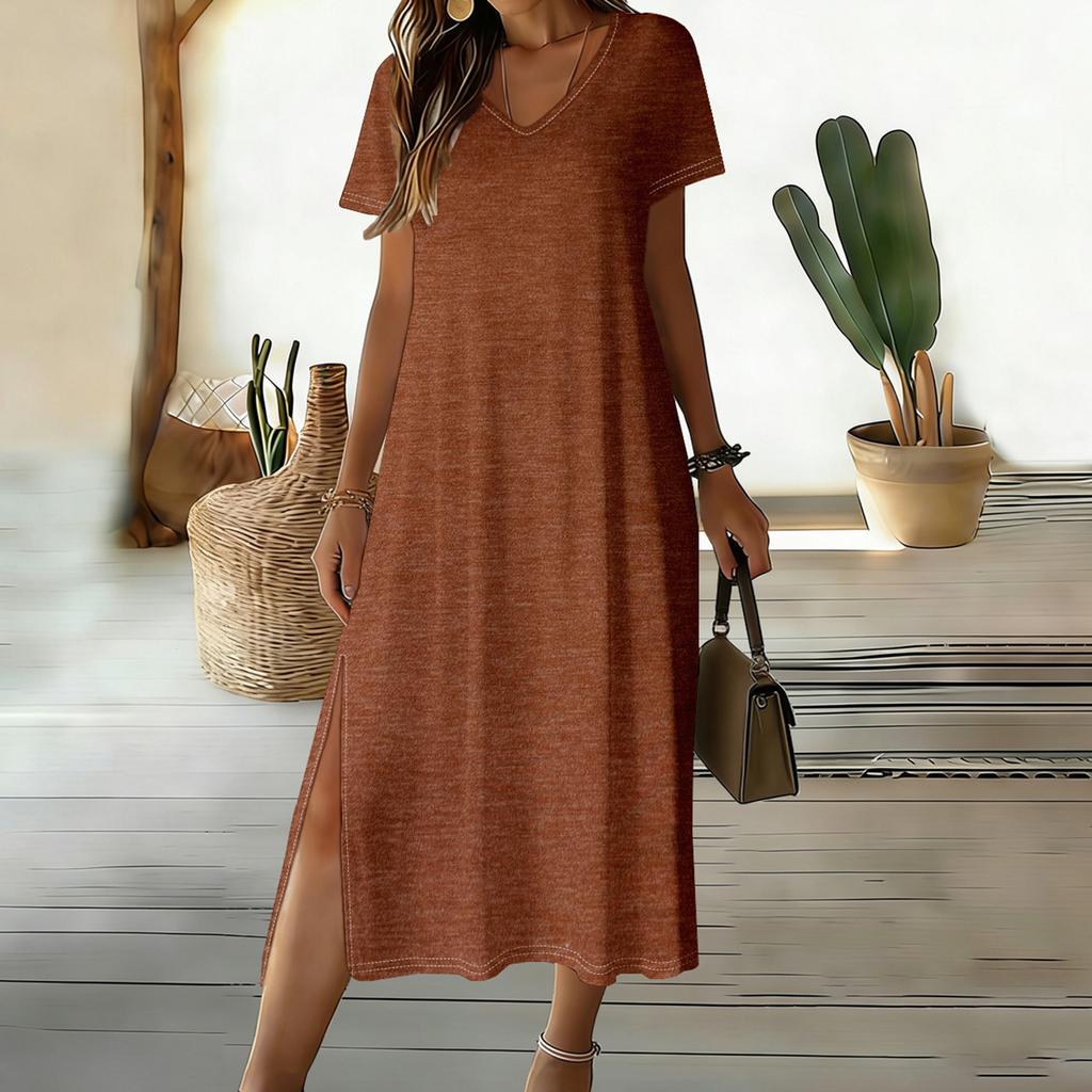Damen Casual Lockerer V-Ausschnitt Kurzarm Rock Mit Schlitz Am Saum Und Mittellangem Design