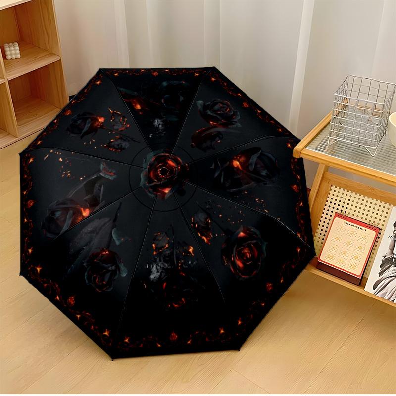 

Crow Among Red Roses Theme Automatic Umbrella Compact 8-Rib Design Sturdy Construction Durable Everyday Carry Umbrella Stylish Accessory