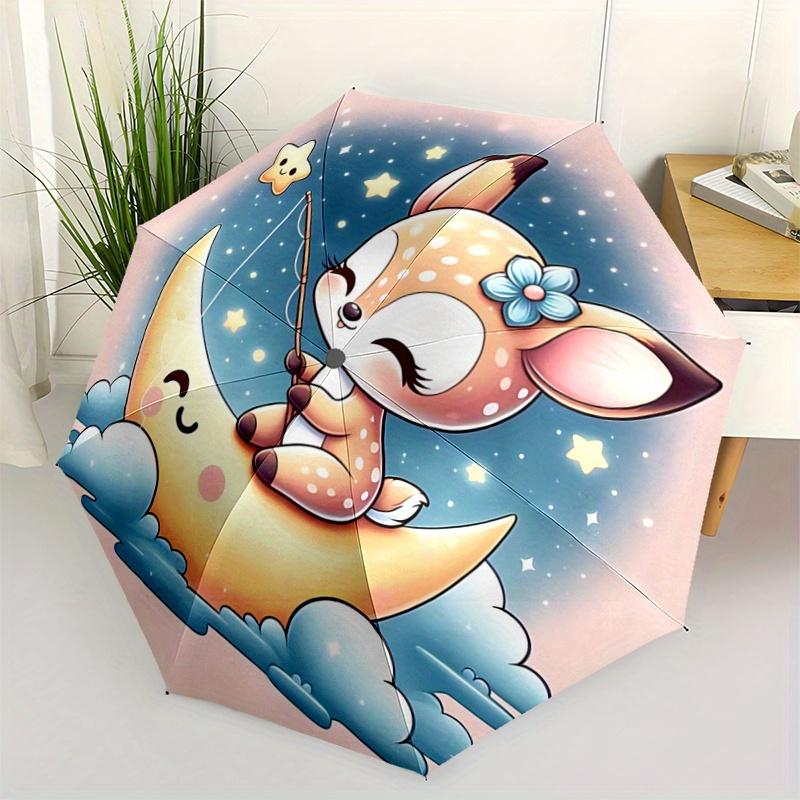 

1pc Little Sika Deer & Moon Pattern Beautiful Looking Automatic Folding Umbrella, 3 Folding, 8 Pole Frame Design, Durable and Suitable for T