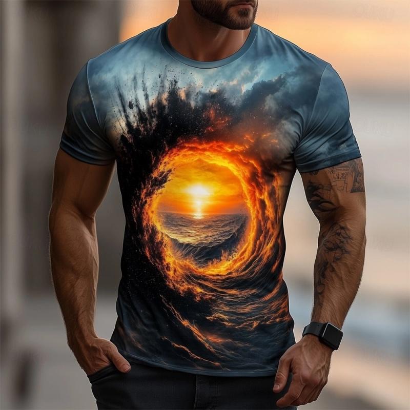 Sunset Ocean Pattern T-Shirt For Men Colorful Clouds 3D Print Tees Summer Casual T Shirts O-Neck Tops Loose Street Short Sleeves
