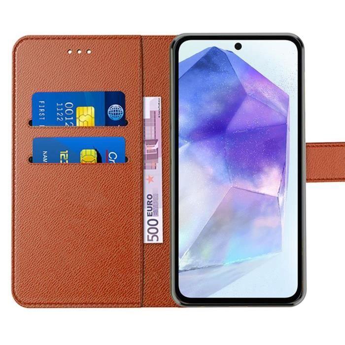 Coque pour samsung galaxy a55 5g - booling - marron - antichoc - poche à cartes - béquille réglable