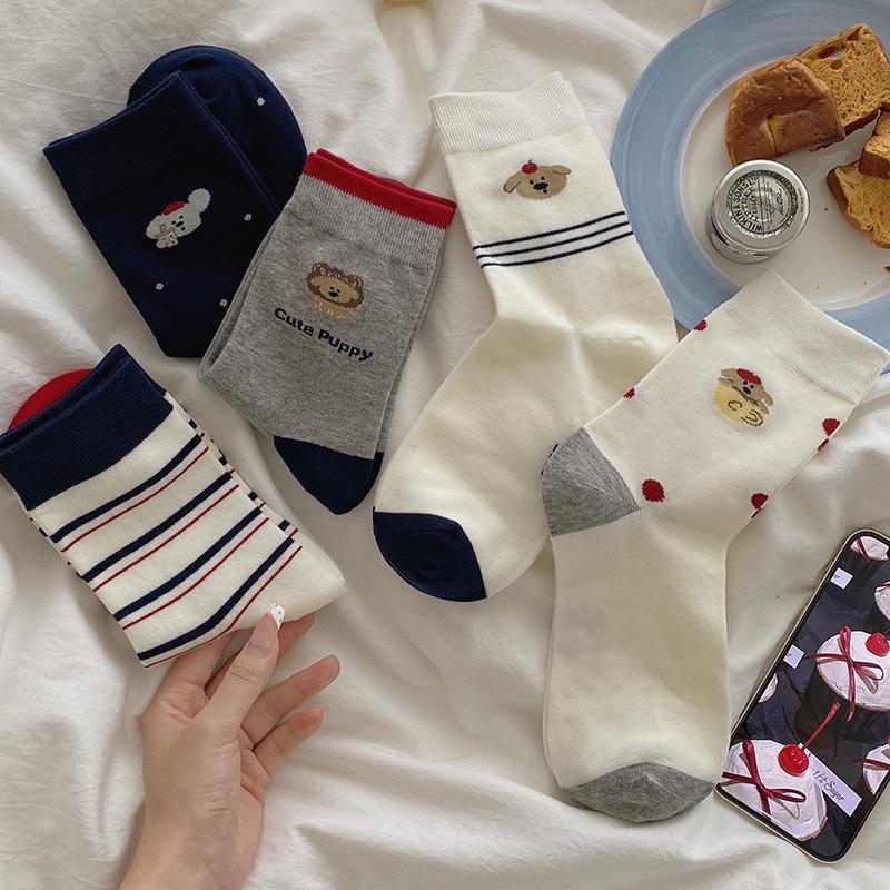 Female Spring and Autumn Color Striped Cute Cartoon Puppy College Wind Tube Pile Socks