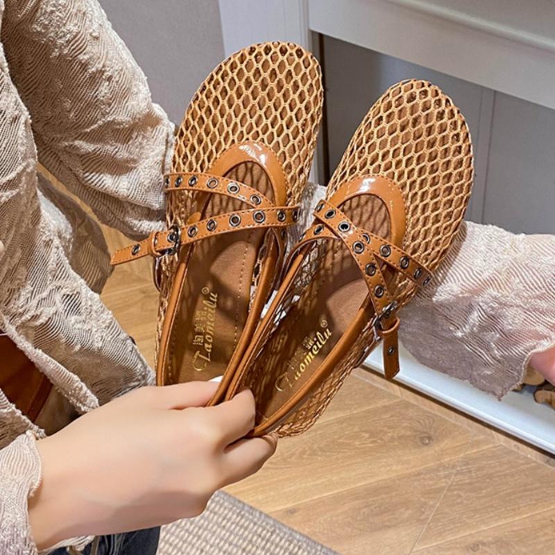 Mode Ny Mode Enfärgad Nätmaterial Flatsandaler 2025 Sommar Rund Tå Ihålig Låga Klackar Bekväma Damsandaler Vardagsskor