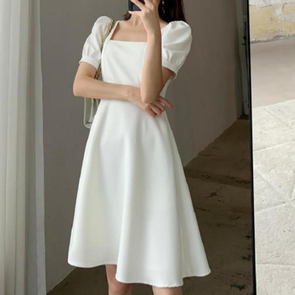 Square Neck Retro Short Sleeve Women Dress  Fashion Summer Elegant Female Basic Bodycon A Line Dresses