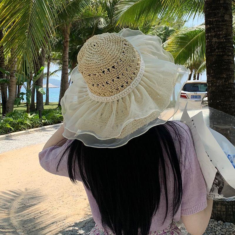 Hand-woven Hollow Pearl Lace Big Brim Straw Hat Children Spring and Summer Sun Protection Sunshade Vacation Beach UV Protection