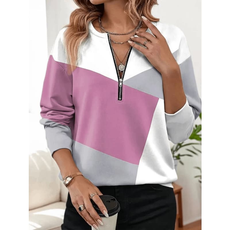 Women's Creative Printed Zipper Long-sleeved T-shirt, Breathable, Soft and Comfortable, Suitable for All-year-round Casual Wear