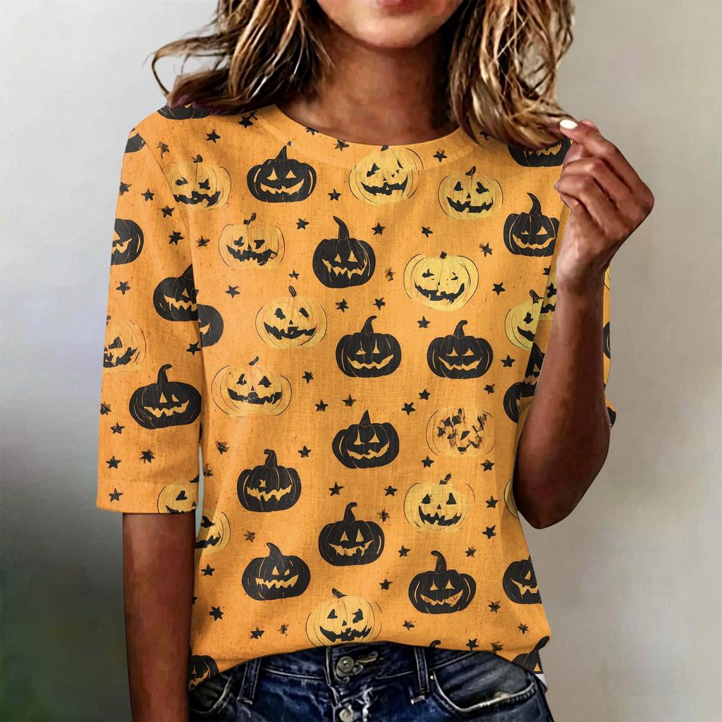 Women Casual Loose Fit Short Sleeve T Shirt Round Neck Lightweight Halloween Pumpkin Web Pattern Top