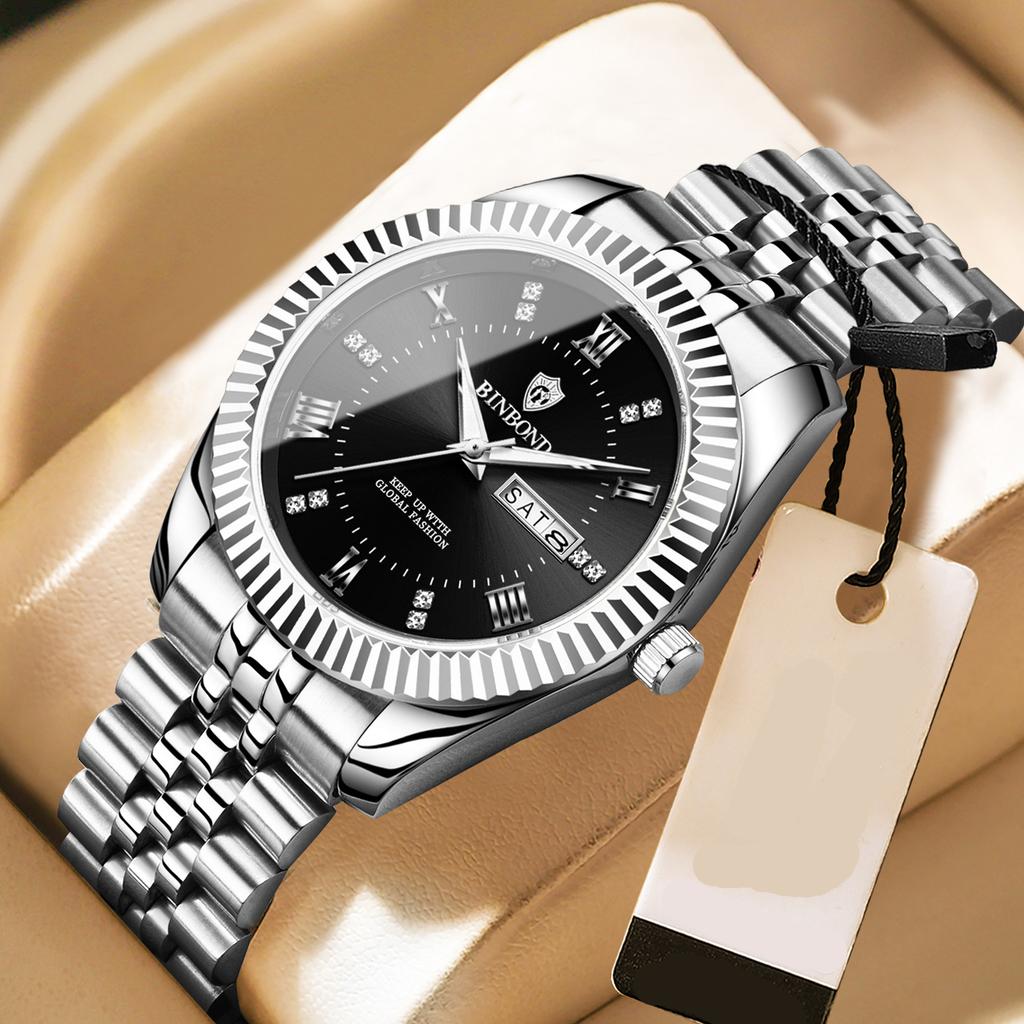 Binbond B0756 0756 Men Quartz Movement Watch Stainless Steel Band Auto Date Waterproof Luminous Business Casual Male Wristwatch
