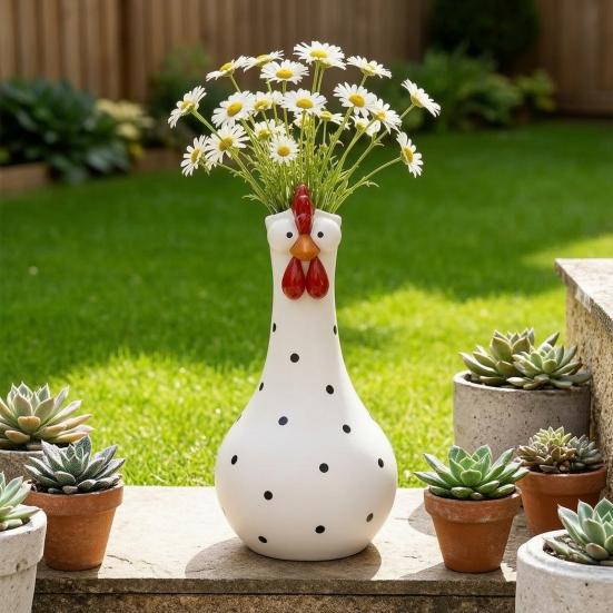Weather Resistant Garden Art Resin Big Eyed Chicken Vase for Flowers, Cute Animal Planter, Small Flower Decorative Figurine Home Pot, Statue