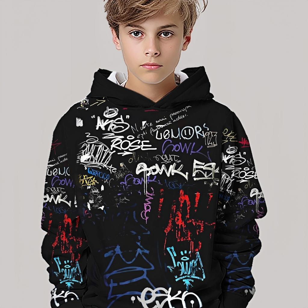 3D digital printing street graffiti style letter pattern hooded sweatshirt fashion trend casual children's clothing