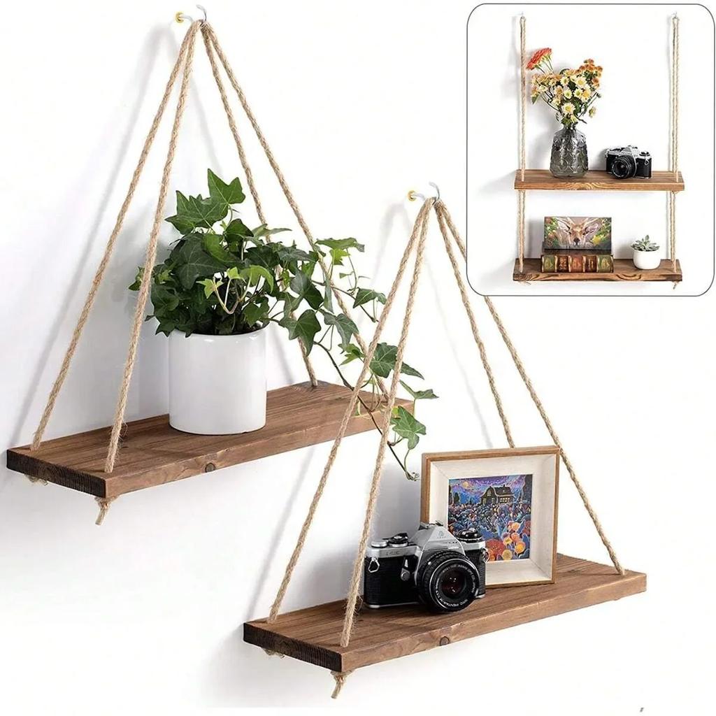 1PC Holz Schaukel Hängen Hanf Seil Wand Regal Montiert Schwimmende Hause Wohnzimmer Pflanze Blumentopf Tablett Lagerung Garten