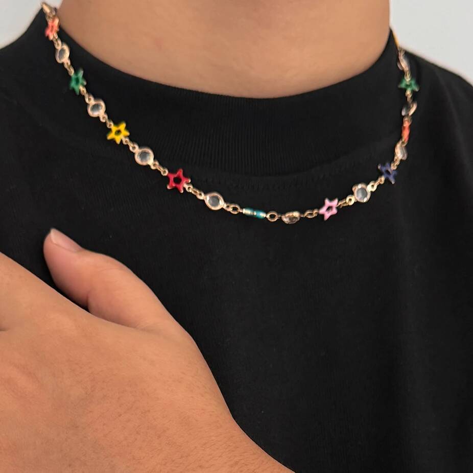 Salircon Elegent Colorful Imitation Crystal Necklace Bracelets Men Trendy Charm Oil Drop Hollow Star Clavicle Choker Y2K Jewelry