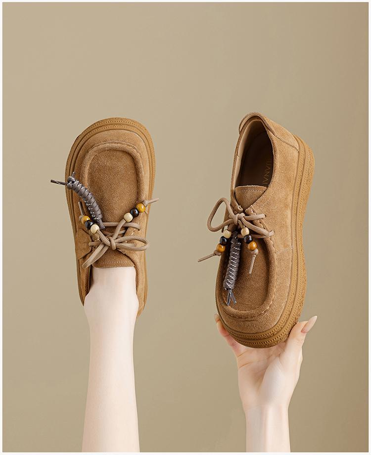 [Cow Anti Velvet] Thick soled Boken Shoes for Women 2025 Autumn New Vintage Beaded Height Increasing Casual Kangaroo Shoes