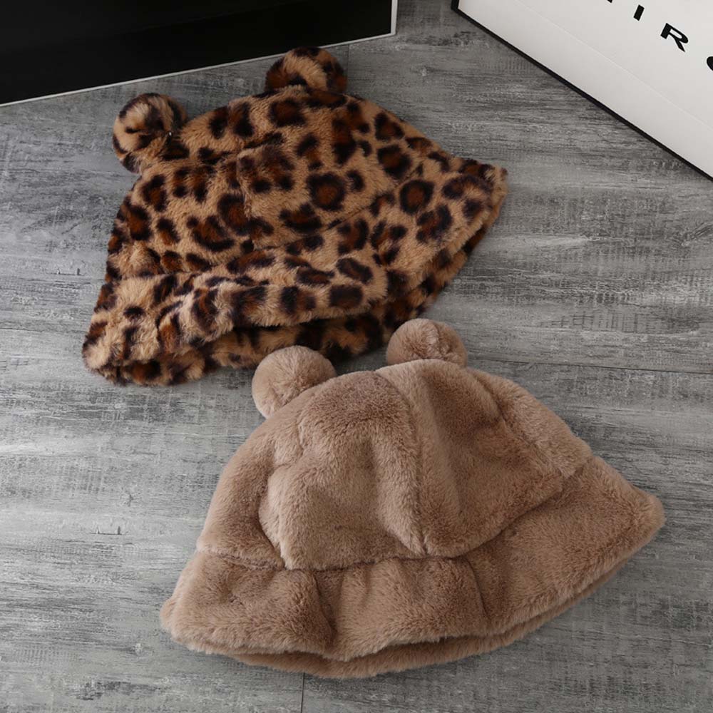 Thick Girls Bear Ears Leopard Autumn Winter Korean Fisherman Hat Basin Hat Plush Bucket Hats