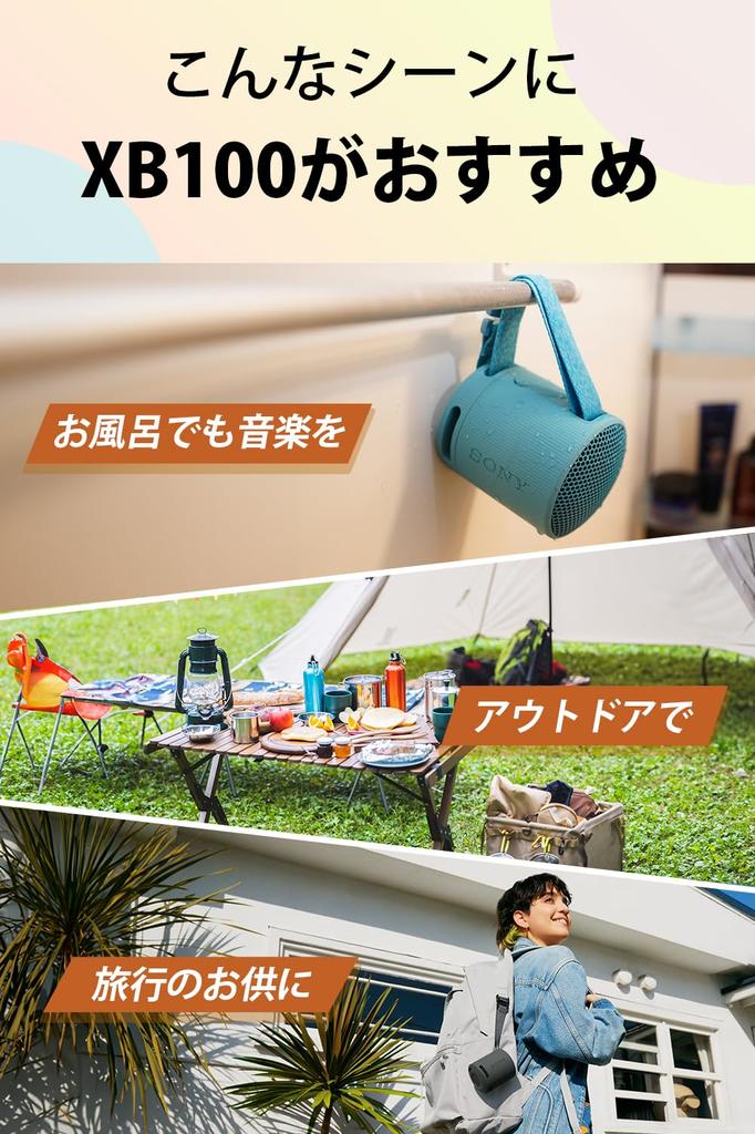 Sony Wireless Speaker Clear Sound with Deep Waterproof and Dustproof Long Battery Life 16 Stereo Pair USB Black SRS-XB100 Bass, (IP67),