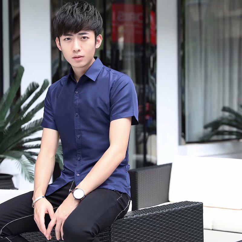 2026 New Style Men's Blue Slim Fit Short-Sleeved Business Casual Shirt