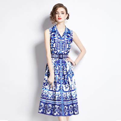 Summer Women Brand Designer Vintage Print Runway Dress Sleeveless Lapel Single Breasted Tank Party Dresses with Belt