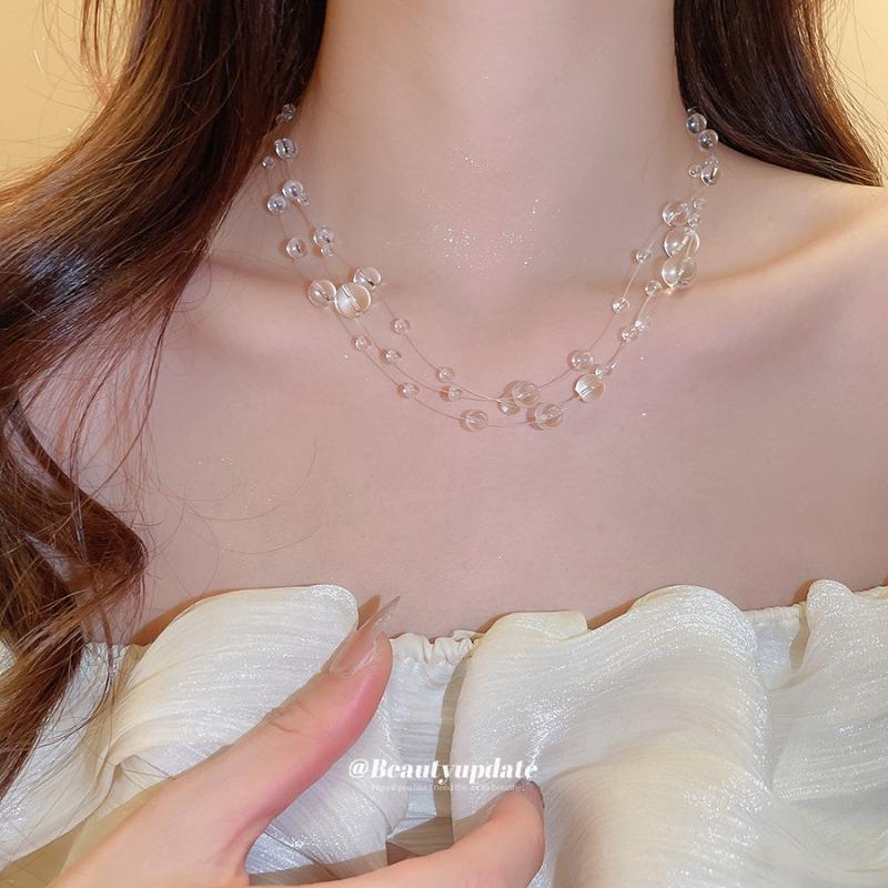 Irregular crystal beaded three-layer necklace, stylish and simple, versatile collarbone chain, personalized niche design, women's clothing