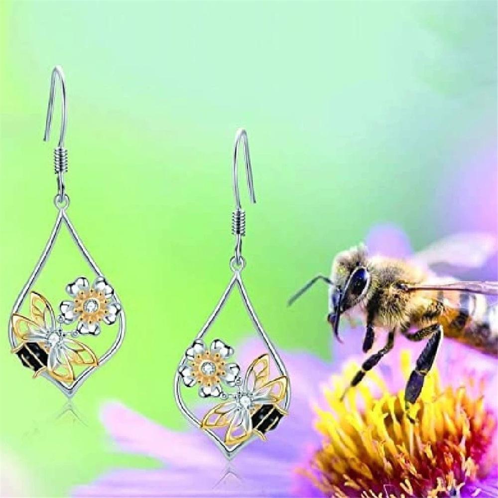 Charm Female Bee Animal Flower Drop Earrings Cute Trendy Bridal Silver Color Dangle Wedding  For Women
