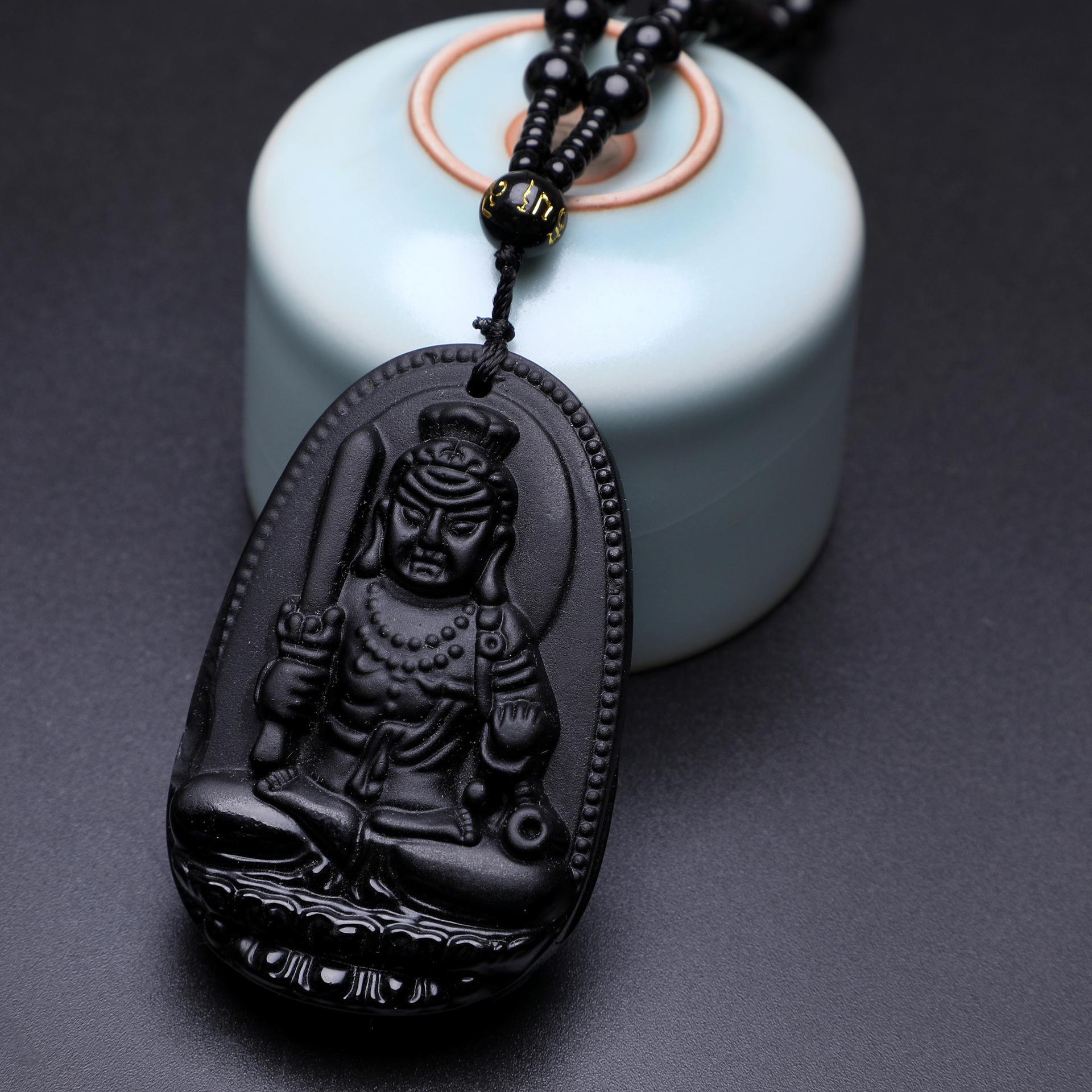 12 Zodiac Guardian Gods Black Obsidian Necklace with Guanyin Pendant