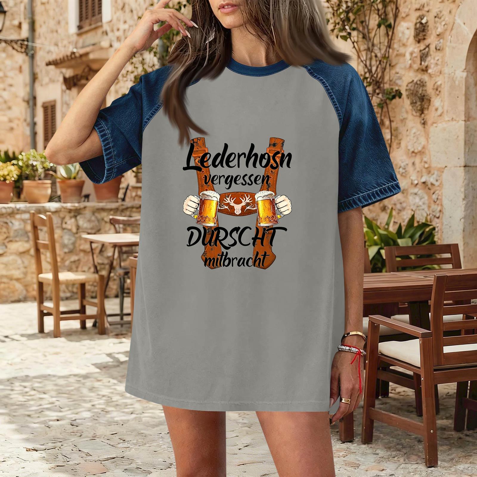 

Casual Women Denim Patchwork Oktoberfest Graphic T Shirt Short Sleeve Comfortable Loose Fit Top for Everyday Wear XXL