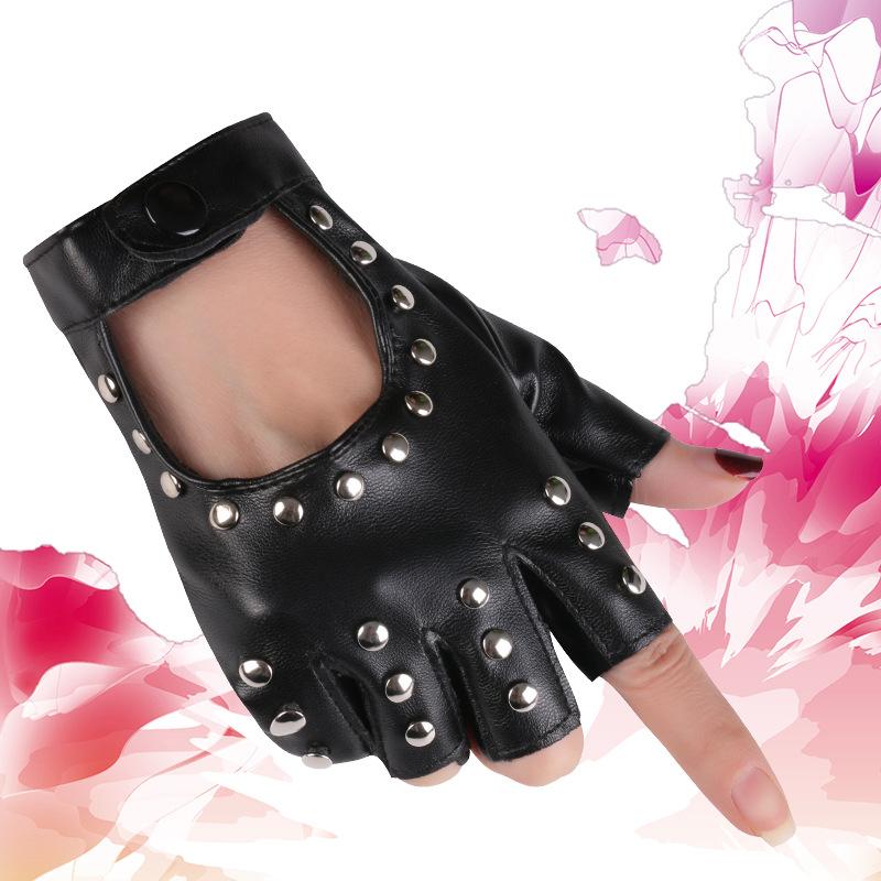 Women's Dance Half Finger Gloves Performance Short Cyberpunk Rivet Pole Dance Dew Finger Street Dance Nightclub Leather Gloves