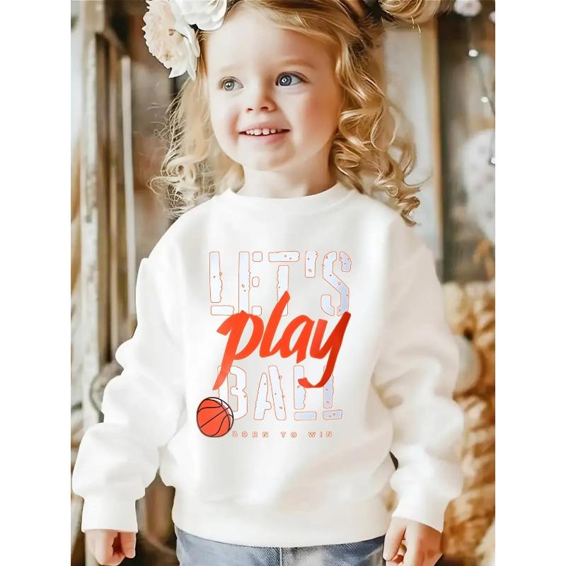 Kids Unisex Crewneck Sweatshirt, Let's Play Ball Born To Win Distressed Basketball Letter Print Soft Fleece Pullover For Kids Over 4 Years Old