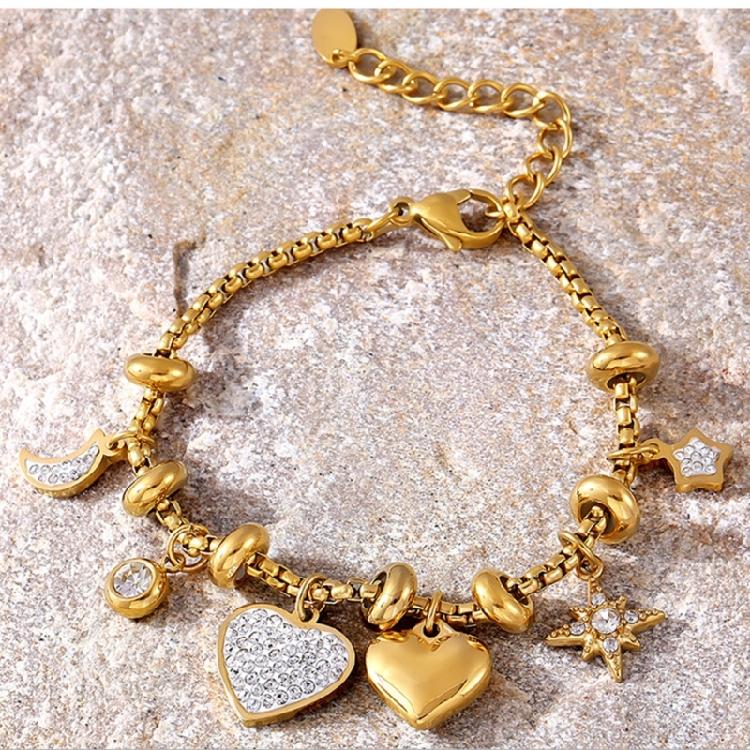 Women's Heart Charm Bracelet In 18k Gold Plated Sturdy Stainless Steel Adorned with Stylish Zircon Materials Use
