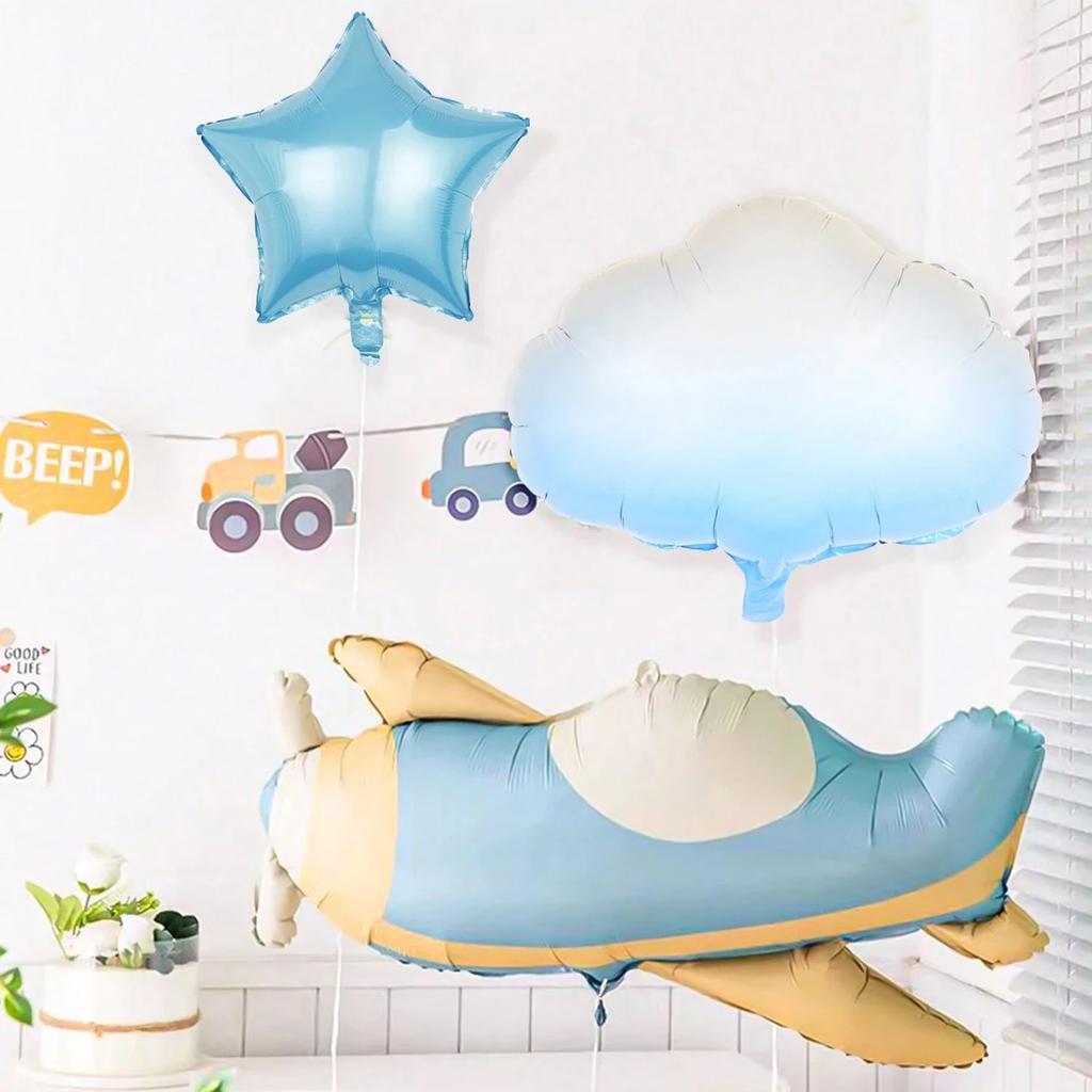 6pcs Matte Airplane Balloon Set, Airplane, White Cloud, Star Balloons, R Birthday Party, Adventure Theme Party Decorations