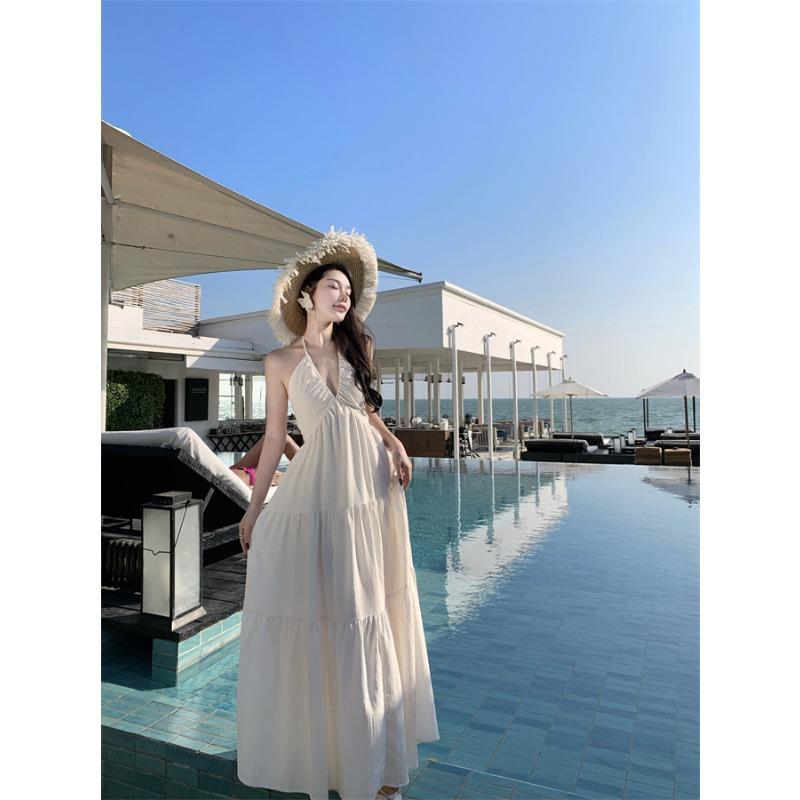 Seaside Vacation Beach Dress Sexy Collar Neck Backless Dress Women s Summer French Beautiful High-end Dress S
