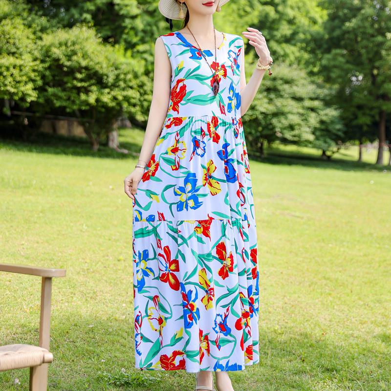 Elegant Sleeveless Dress for Women Plus Size Short Sleeve Vintage Print Long Dress Summer Casual Middle-aged Women's Clothing